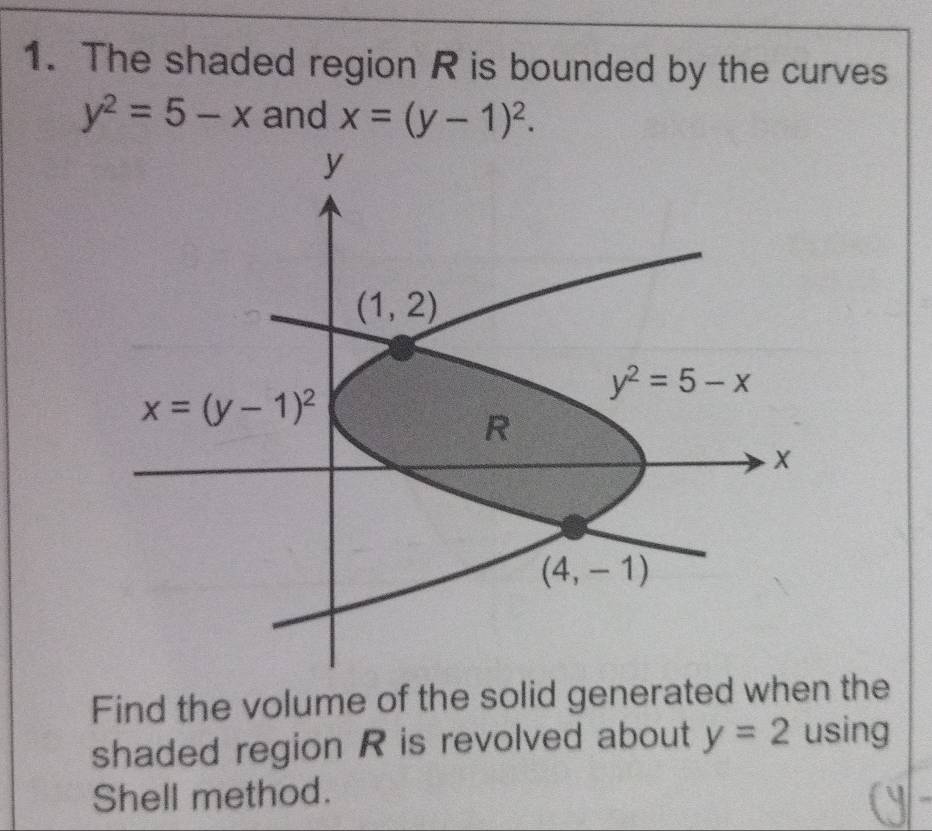 The shaded region R is bounded by the curves
y^2=5-x and x=(y-1)^2.
Find the volume of the solid generated when the
shaded region R is revolved about y=2 using
Shell method.