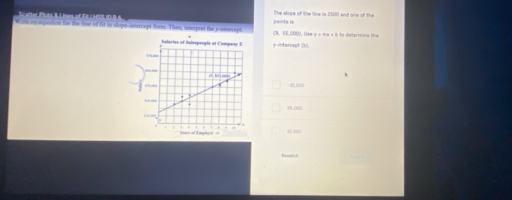 The slope of the line is 2500 and one of the
Scatter Plots & Lines of Fit.I.HSS.ID.B. 6 points is
Whte an equation for the line of fit in slope-intercept form. Then, interpret the y-intercept. (9, 55,C00). Use y=mx+b to determine the
y-intercept (b).
-32,500
55,000
32,500
Rewatch