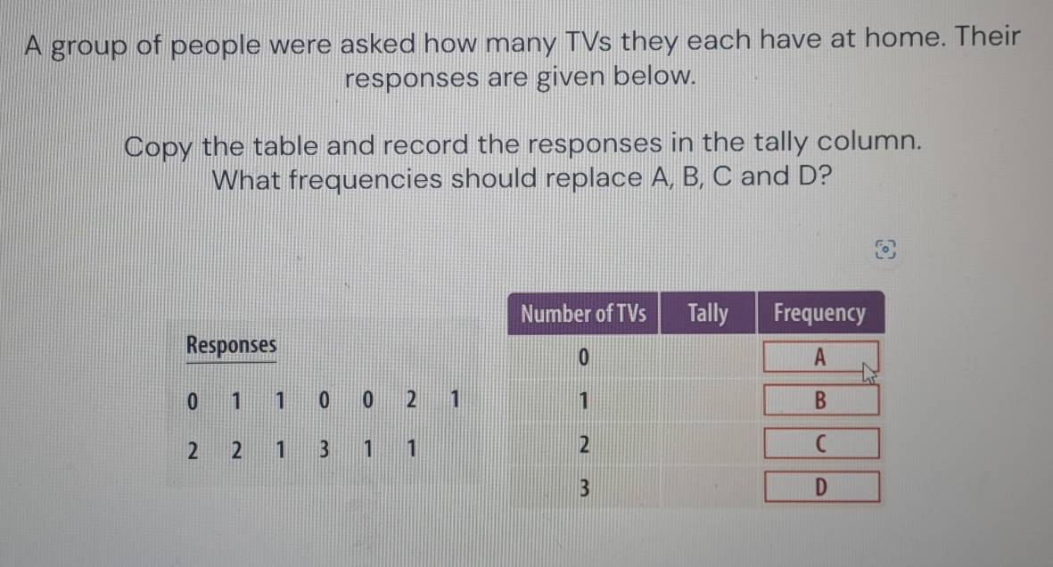 A group of people were asked how many TVs they each have at home. Their 
responses are given below. 
Copy the table and record the responses in the tally column. 
What frequencies should replace A, B, C and D? 
a