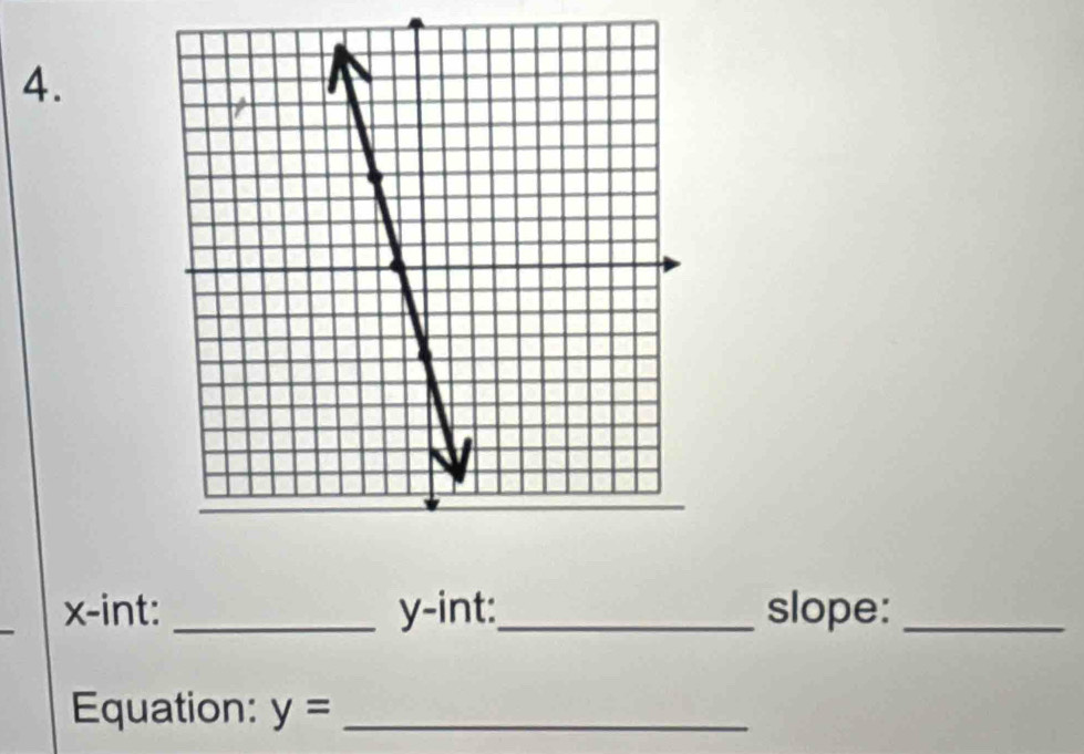 x -int: _ y -int:_ slope:_ 
Equation: y= _