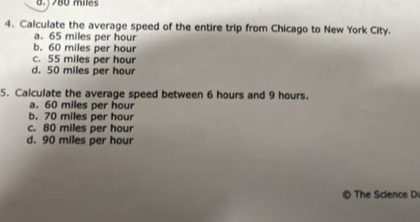 780 miles
4. Calculate the average speed of the entire trip from Chicago to New York City.
a. 65 miles per hour
b. 60 miles per hour
c. 55 miles per hour
d. 50 miles per hour
5. Calculate the average speed between 6 hours and 9 hours.
a. 60 miles per hour
b. 70 miles per hour
c. 80 miles per hour
d. 90 miles per hour
The Science D