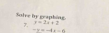 Solve by graphing.
7. y=2x+2
-y=-4x-6