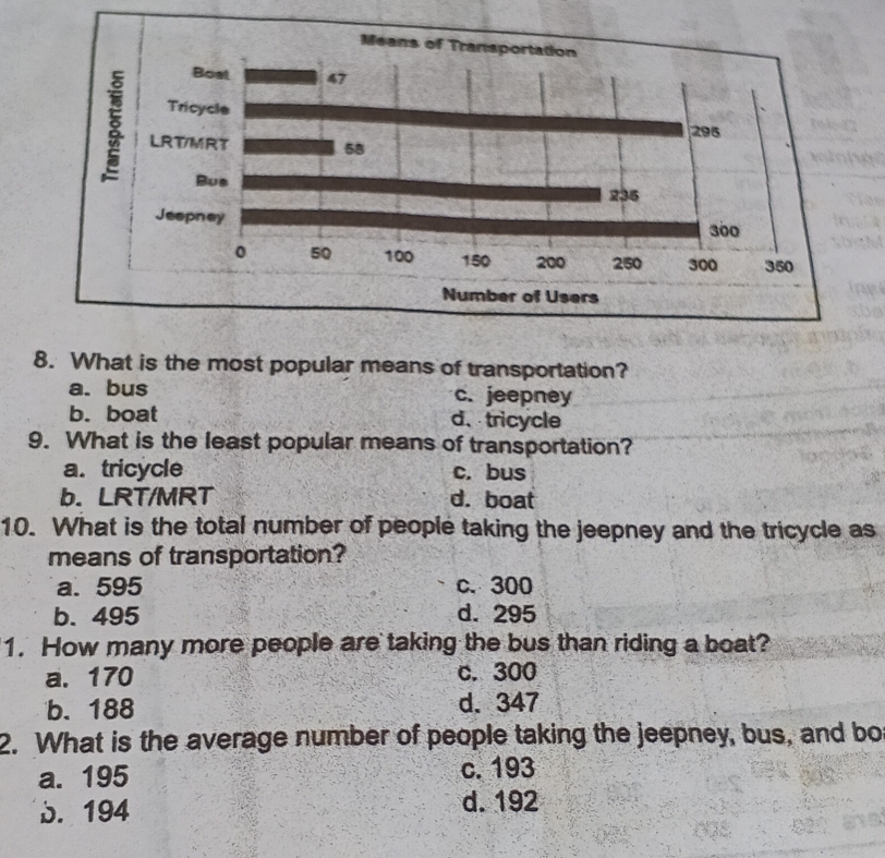 What is the most popular means of transportation?
a. bus c. jeepney
b. boat d、tricycle
9. What is the least popular means of transportation?
a. tricycle c. bus
b. LRT/MRT d. boat
10. What is the total number of people taking the jeepney and the tricycle as
means of transportation?
a. 595 c. 300
b. 495 d. 295
1. How many more people are taking the bus than riding a boat?
a. 170 c. 300
b. 188 d. 347
2. What is the average number of people taking the jeepney, bus, and bo
a. 195 c. 193
5. 194 d. 192