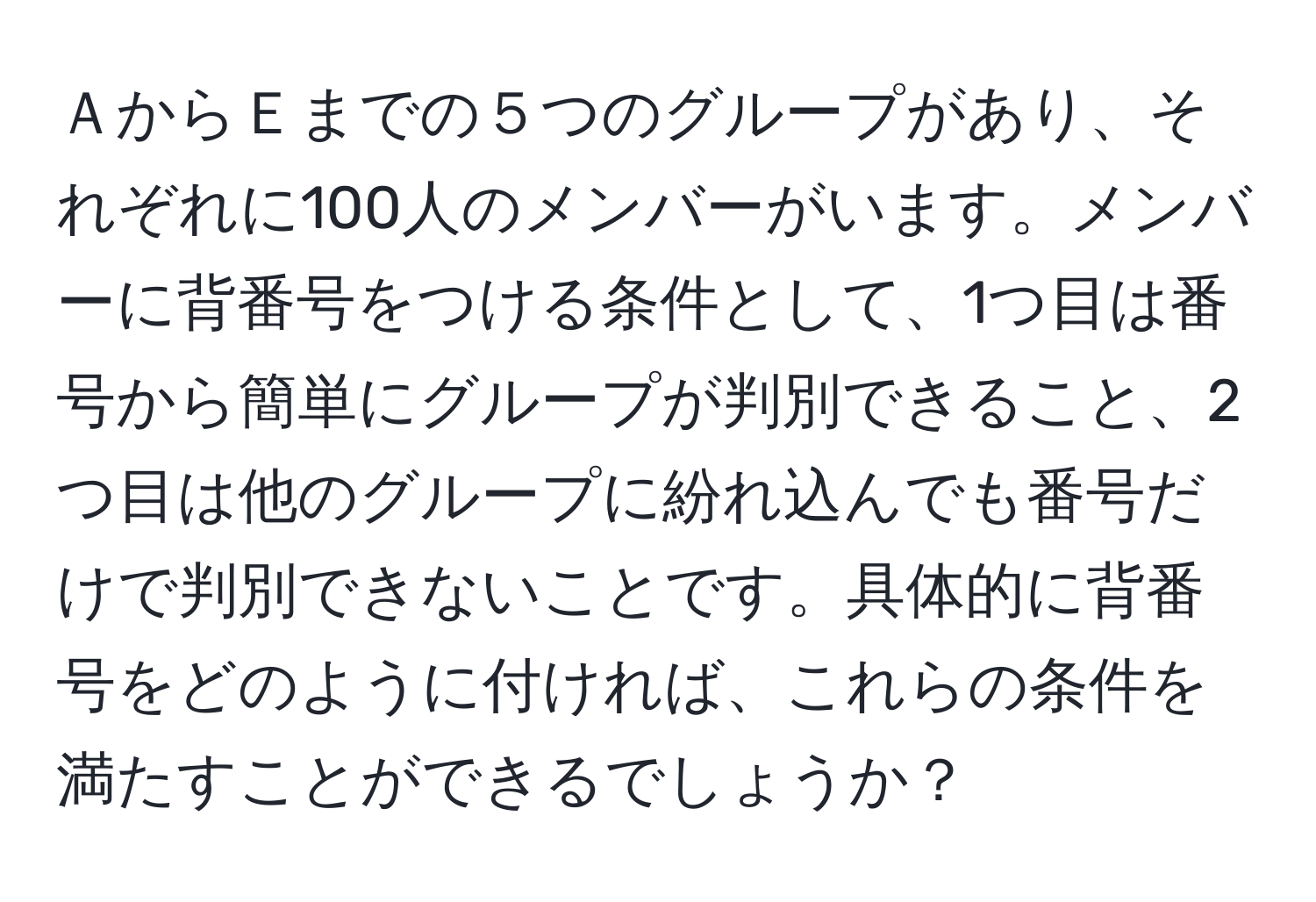 ＡからＥまでの５つのグループがあり、それぞれに100人のメンバーがいます。メンバーに背番号をつける条件として、1つ目は番号から簡単にグループが判別できること、2つ目は他のグループに紛れ込んでも番号だけで判別できないことです。具体的に背番号をどのように付ければ、これらの条件を満たすことができるでしょうか？