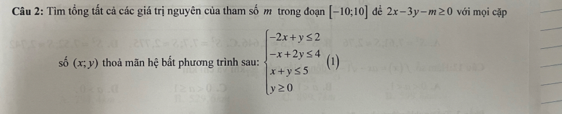 Tìm tổng tất cả các giá trị nguyên của tham số m trong đoạn [-10;10] đề 2x-3y-m≥ 0 với mọi cặp
shat o(x;y) thoả mãn hệ bất phương trình sau: beginarrayl -2x+y≤ 2 -x+2y≤ 4 x+y≤ 5 y≥ 0endarray. (1)