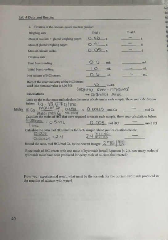 Lab 4 Data and Results 
2. Titration of the calcium-water reaction product 
Weighing data Trial 1 Trial 2 
Mass of calcium + glazed weighing paper: _B _g 
Mass of glazed weighing paper: _ g _g 
Mass of calcium metal: _& _.g 
Titration data 
Final buret reading: 
_ mL
_ mL
Initial buret reading: 
_ mL _ mL
Net volume of HCl titrant: _ mL _ mL
Record the exact molarity of the HCI titrant
mol/L
used (the nominal value is 6.00 M) Sliar_ 
Calculations 
Look up the molar mass and calculate the moles of calcium in each sample. Show your calculations 
below: 
_ mol Ca _ mol Ca
Calculate the moles of HCl that were required to titrate each sample. Show your calculations below: 
_mol HCl _ mol HCl
Calculate the ratio mol HCl/mol Ca for each sample. Show your calculations below: 
_ 
Round the ratio, mol HCl/mol Ca, to the nearest integer:_ 
If one mole of HCl reacts with one mole of hydroxide (recall Equation [4-2] , how many moles of 
hydroxide must have been produced for every mole of calcium that reacted? 
From your experimental result, what must be the formula for the calcium hydroxide produced in 
the reaction of calcium with water?
40