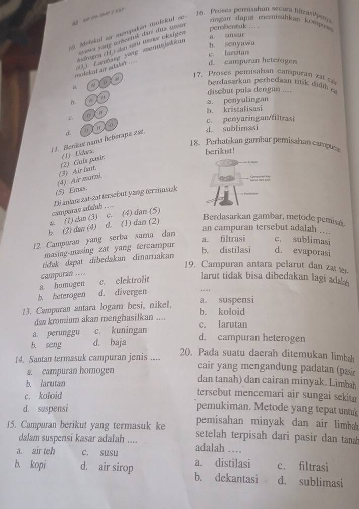 hP t SAAP D KSP
3  Molekul air merupakan molekul se
16. roses pemisahan secara filtrasipen
ayawa yang terbentuk dari dua unsur
ringan dapat memisahkan komposes
pembentuk .. . .
c. larutan
molekul air adalah . hidrogen (H.) dan satu unsur oksigen
a. unsur
(O,). Lambang yang menunjukkan
b. senyawa
d. campuran heterogen
17. Proses pemisahan campuran zat cai
"
berdasarkan perbedaan titik didih  z
disebut pula dengan ....
b. " H
a. penyulingan
0 b. kristalisasi
H
C.
c. penyaringan/filtrasi
d. 0 H
d. sublimasi
11. Berikut nama beberapa zat.
18. Perhatikan gambar pemisahan campura
(1) Udara.
berikut!
(5) Emas. (4) Air murni. (3) Air laut. (2) Gula pasir.
Di antara zat-zat tersebut yang termasuk . 
campuran adalah ….
a. (1) dan (3) c. (4) dan (5)
b. (2) dan (4) d. (1) dan (2)
Berdasarkan gambar, metode pemisah.
12. Campuran yang serba sama dan
an campuran tersebut adalah …...
masing-masing zat yang tercampur a. filtrasi c. sublimasi
b. distilasi d. evaporasi
tidak dapat dibedakan dinamakan
19. Campuran antara pelarut dan zat ter
campuran . .
a. homogen c. elektrolit
larut tidak bisa dibedakan lagi adala
b. heterogen d. divergen
a. suspensi
13. Campuran antara logam besi, nikel, b. koloid
dan kromium akan menghasilkan .... c. larutan
a. perunggu c. kuningan
b. seng d. baja
d. campuran heterogen
14. Santan termasuk campuran jenis ....
20. Pada suatu daerah ditemukan limbah
cair yang mengandung padatan (pasir
a. campuran homogen dan tanah) dan cairan minyak. Limbah
b. larutan
c. koloid
tersebut mencemari air sungai sekita
d. suspensi pemukiman. Metode yang tepat untuk
pemisahan minyak dan air limbah
15. Campuran berikut yang termasuk ke setelah terpisah dari pasir dan tanah
dalam suspensi kasar adalah .... adalah …
a. air teh c. susu
a. distilasi c. filtrasi
b. kopi d. air sirop b. dekantasi d. sublimasi