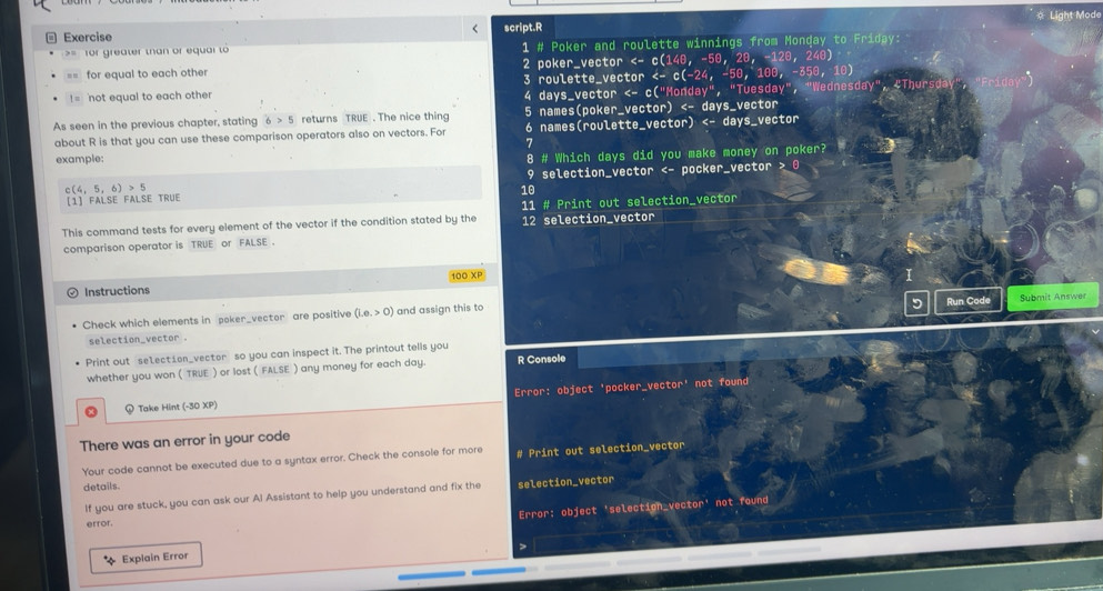 Solved: Light Mode ← Exercise script.R > or greater than or equar to 1 ...