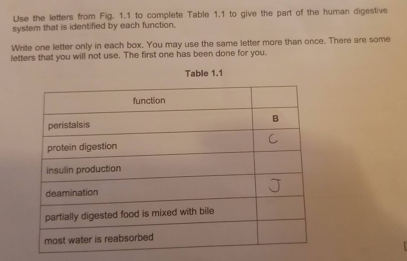 Use the letters from Fig. 1.1 to complete Table 1.1 to give the part of the human digestive 
system that is identified by each function. 
Write one letter only in each box. You may use the same letter more than once. There are some 
letters that you will not use. The first one has been done for you. 
Table 1.1