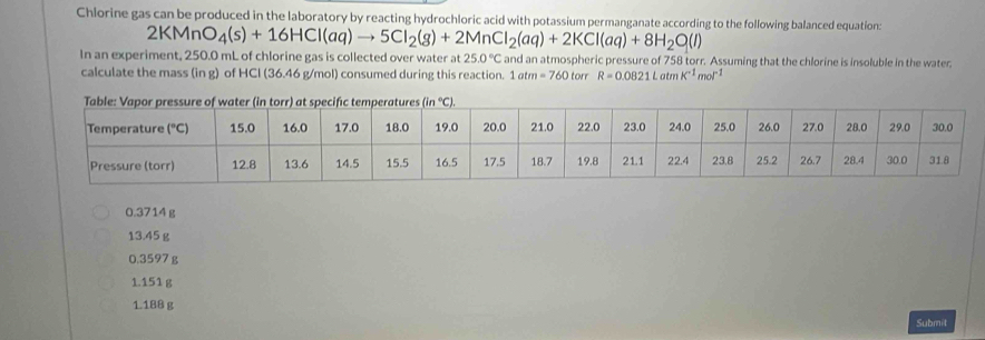 Chlorine gas can be produced in the laboratory by reacting hydrochloric acid with potassium permanganate according to the following balanced equation:
2KMnO_4(s)+16HCl(aq)to 5Cl_2(g)+2MnCl_2(aq)+2KCl(aq)+8H_2O(l)
In an experiment, 250.0 mL of chlorine gas is collected over water at 25.0°C and an atmospheric pressure of 758 torr. Assuming that the chlorine is insoluble in the water.
calculate the mass (in g) of HCl (36.46 g/mol) consumed during this reaction. 1atm=760 torr R=0.0821LatmK^(-1)mol^(-1)
0.3714 g
13.45 g
0.3597 g
1.151 g
1.188 g
Submit