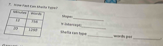 How Fast Can Sheila Type? 
_ 
Slope: 
_ 
Y-intercept: 
Shelia can type _words per 
_、