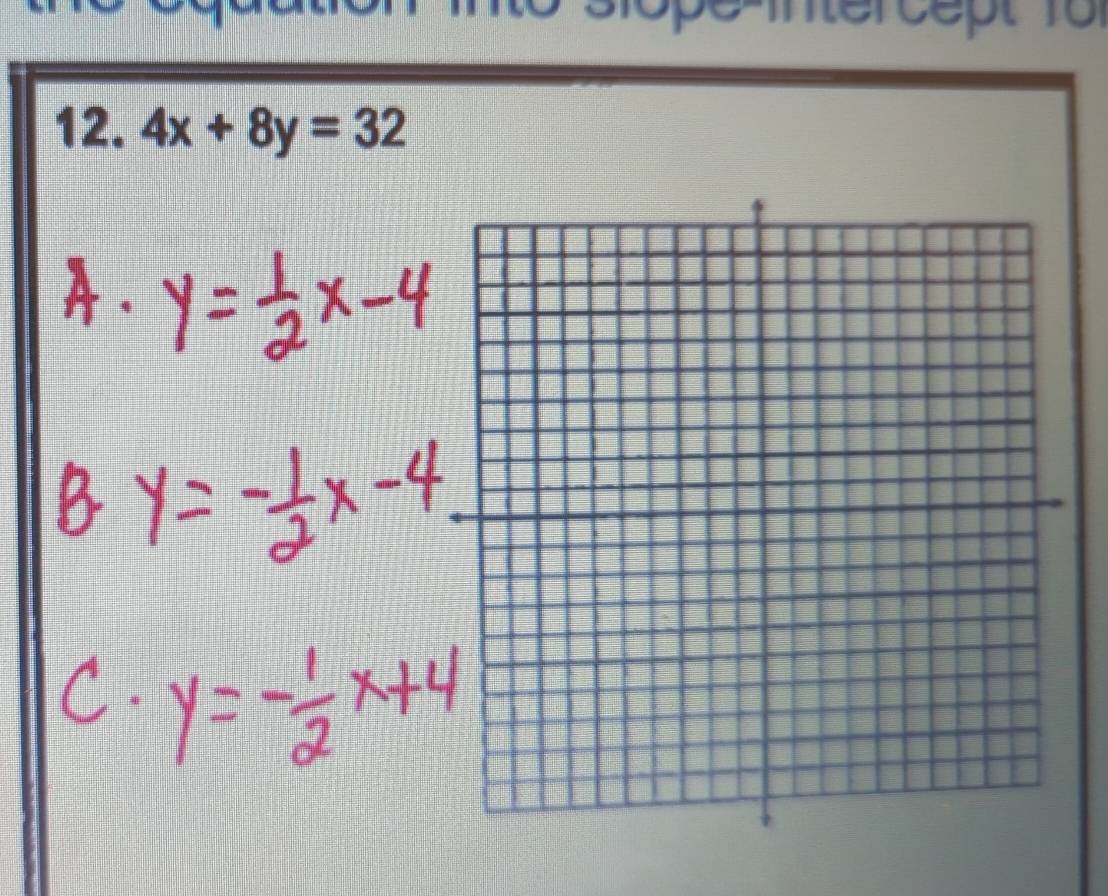 slope-intercept 1o 
12. 4x+8y=32