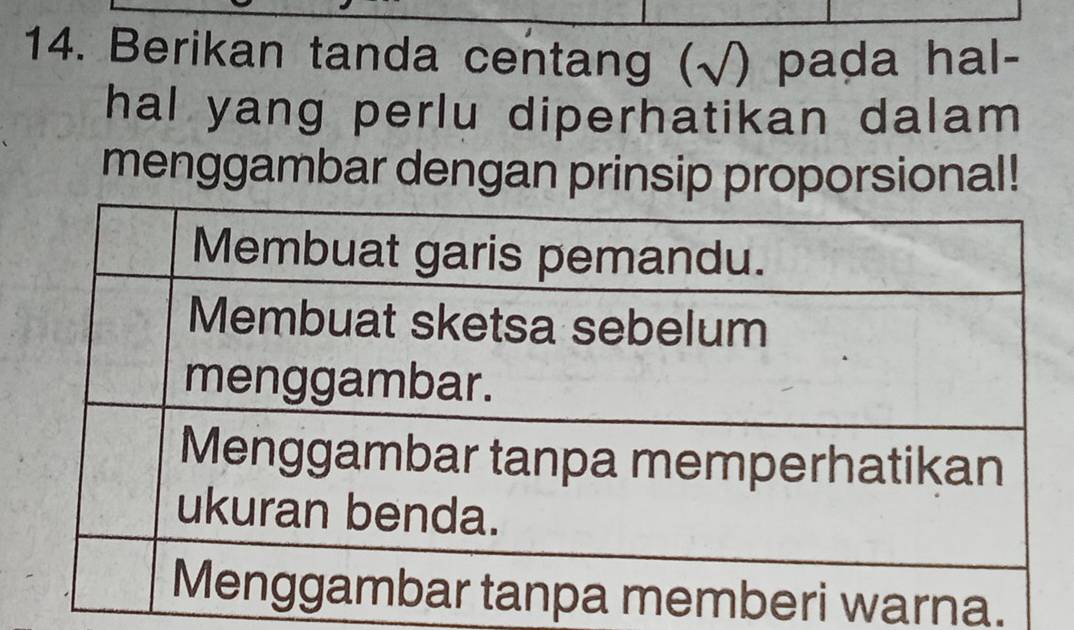 Berikan tanda centang (√) pada hal- 
hal yang perlu diperhatikan dalam 
menggambar dengan prinsip proporsional! 
a.