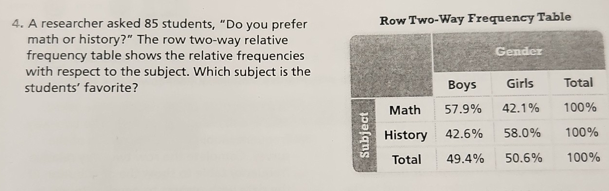 A researcher asked 85 students, “Do you prefer Row Two-Way Frequency Table 
math or history?” The row two-way relative 
frequency table shows the relative frequencies 
with respect to the subject. Which subject is the 
students' favorite?