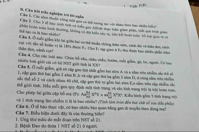 、 Tính P(B).
B. Câu hỏi trắc nghiệm trã lời ngắn
Câu 1. Các alen thuộc cùng một gen có thể tương tác với nhau theo bao nhiêu kiểu?
Câu 2. Cho 3 tế bào sinh tỉnh có kiều gen AB/ab thực hiện giảm phân, biết quá trình giảm
phân hoàn toàn bình thường, không có đột biển xảy ra, liên kết hoàn toàn. Số loại giao từ có
thể tạo ra là bao nhiêu?
Câu 3. Ở ruồi giấm khi lai giữa hai cơ thể thuần chùng thân xám, cánh dài và thân đen, cánh
cụt với tần số hoán vị là 18% được F_1. Cho F_1 tạp giao ở F_2 thu được bao nhiêu phần trăm
thân đen, cánh cụt?
Câu 4. Cho các loài sau: Chim bồ câu, châu chấu, bướm, ruồi giấm, gà, bò, người. Có bao
nhiêu loài giới cái có bộ NST giới tính là XX?
Câu 5. Ở ruồi giấm, giả sử cặp gen thứ nhất gồm hai alen A và a nằm trên nhiễm sắc thể số
1, cặp gen thứ hai gồm 2 alen B ,b và cặp gen thứ ba gồm 2 alen D, d cùng nằm trên nhiễm
sắc thể số 2 và cách nhau 40 cM, cặp gen thứ tư gồm hai alen E,e nằm trên cặp nhiễm sắc
thể giới tính. Nếu mỗi gen quy định một tính trạng và các tính trạng trội là trội hoàn toàn.
Cho phép lai giữa cặp bố mẹ (P): Aa Bd/bD X^EY* aa bd/bd X^EX^e. Kiểu hình gồm 3 tính trạng trội
và 1 tính trạng lặn chiếm tỉ lệ là bao nhiêu? (Tính làm tròn đến hai chữ số sau dấu phầy)
Câu 6. Ở tế bào thực vật, có bao nhiêu bào quan bằng gen di truyền theo dòng mẹ?
Câu 7. Biểu hiện dưới đây là của thường biến?
1. Ung thư máu do mất đoạn trên NST số 21.
2. Bệnh Đao do thừa 1 NST số 21 ở người.