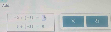 Add.
-2+(-3)=□
×
3+(-3)=0