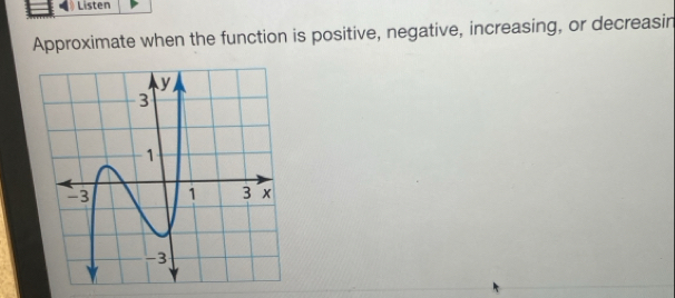 Listen 
Approximate when the function is positive, negative, increasing, or decreasin