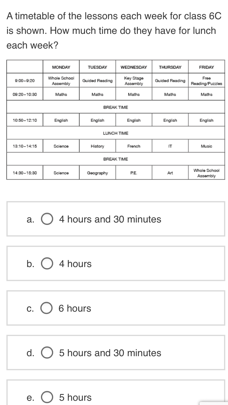 Solved: A timetable of the lessons each week for class 6C is shown. How ...