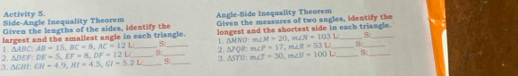 Activity 5. 
Side-Angle Inequality Theorem Given the measures of two angles, identify the 
Given the lengths of the sides, identify the Angle-Side Inequality Theorem 
largest and the smallest angle in each triangle. longest and the shortest side in each triangle. 
S: 1. △ MNO m∠ M=20, m∠ N=1031. S 
1. △ ABC : AB=15, BC=8, AC=12L _S: _2. △ PQ R: m∠ P=17, m∠ R=53L _S:_
△ DEF : DE=5, EF=8, DF=12L
3. △ GI GH=4.9, HI=4.5, GI=5.2L __ __3. 11.5 TU m∠ T=30, m∠ U=100L _S_