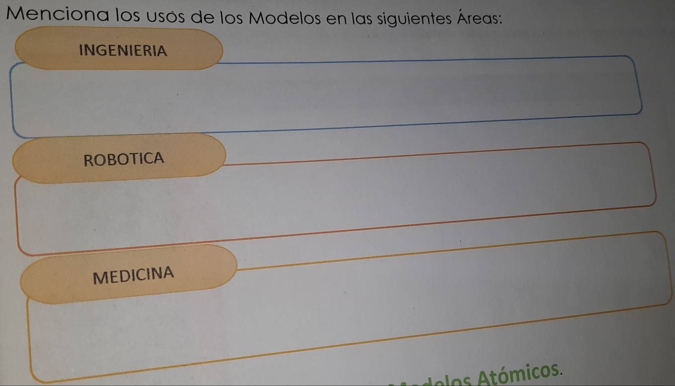 Menciona los usos de los Modelos en las siguientes Áreas: 
INGENIERIA 
ROBOTICA 
MEDICINA 
o o tómicos.