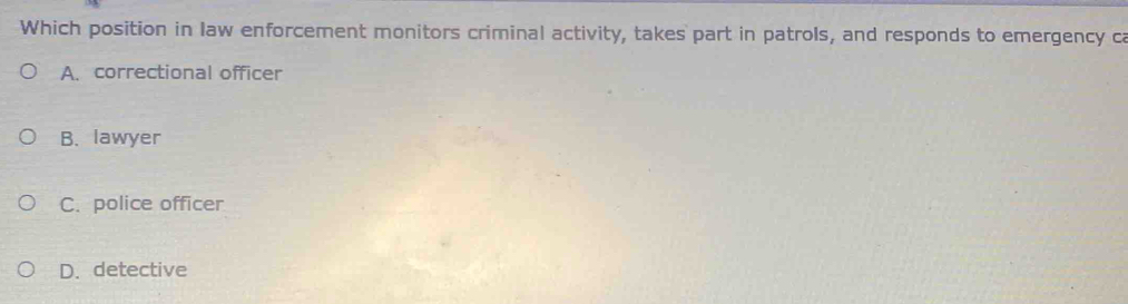 Which position in law enforcement monitors criminal activity, takes part in patrols, and responds to emergency ca
A. correctional officer
B. lawyer
C.police officer
D. detective