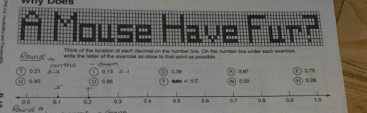 ''' . ur?
-.
Think of the location of each decimal on the number line. On the number line under each exercise,
write the lefter of the exercise as close to that point as possible.
T 0.21 1 0.13 ○ 0.38 A 0.97 F 0.79
U) 0.45 U 0.86 T 0.84 0. 55 W) 0.02 H) 0.28