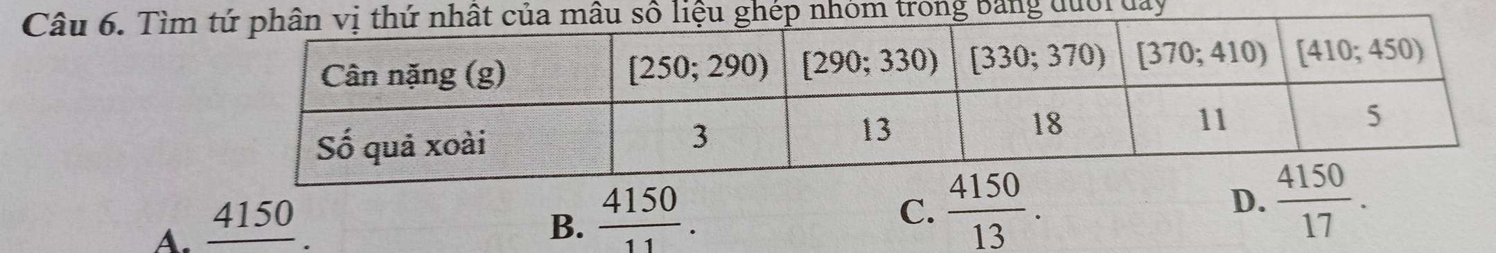 Tìm ưới đay
A.
4150 C.  4150/13 .
B.  4150/11 .
D.  4150/17 .