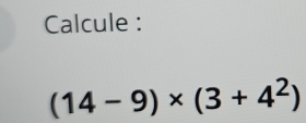 Calcule :
(14-9)* (3+4^2)