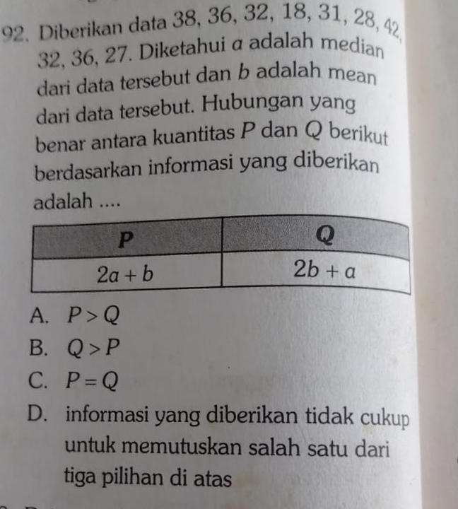 Diberikan data 38, 36, 32, 18, 31, 28, 42
32, 36, 27. Diketahuiα adalah median
dari data tersebut dan b adalah mean
dari data tersebut. Hubungan yang
benar antara kuantitas P dan Q berikut
berdasarkan informasi yang diberikan
adalah ....
A. P>Q
B. Q>P
C. P=Q
D. informasi yang diberikan tidak cukup
untuk memutuskan salah satu dari
tiga pilihan di atas