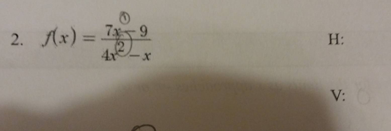 f(x)= (7x-9)/4x^2-x 
H: 
V: