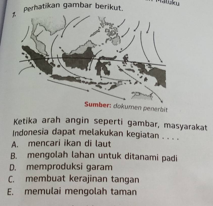 Maluku
Perhatikan gambar berikut.
Ketika arah angin seperti gambar, masyarakat
Indonesia dapat melakukan kegiatan . . . .
A. mencari ikan di laut
B. mengolah lahan untuk ditanami padi
D. memproduksi garam
C. membuat kerajinan tangan
E. memulai mengolah taman