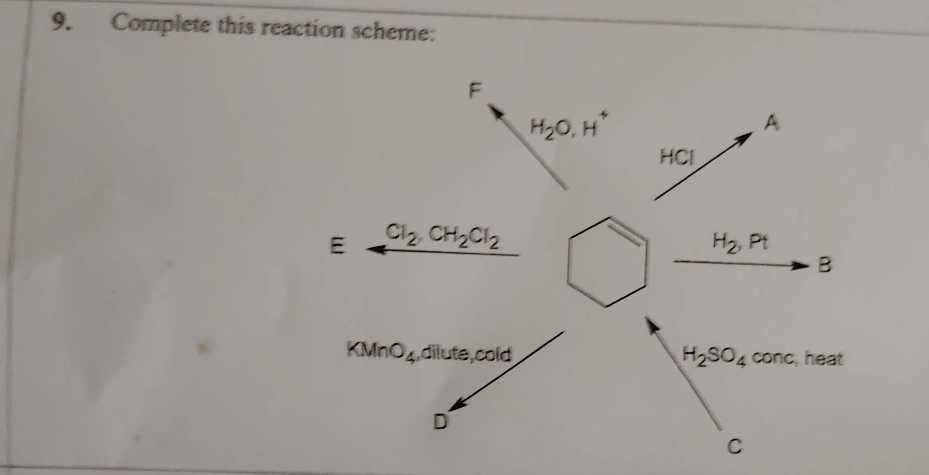 Complete this reaction scheme:
F
H_2O, H^+
A
HCl
E Cl_2, CH_2Cl_2
H_2, Pt
B
KMnO_4 dilute,cold H_2SO_4 conc , heat
D
C