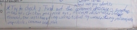 how can you cdenting 
Thy to check) Find out the commen descases sumploo 
meedies, chicken poupcole efc, mume,diarhoca stede 
throat, ear ofechenfing worms iskull my coms skany, monejoo 
impriticle, common colel, plue