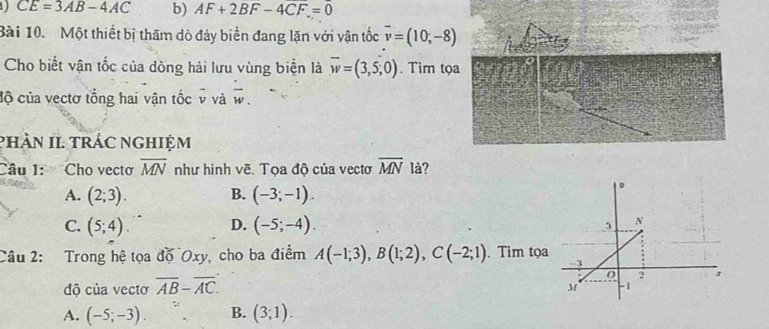 CE=3AB-4AC b) AF+2BF-4CF=0
Bài 10. Một thiết bị thăm dò đáy biển đang lặn với vận tốc overline v=(10;-8)
Cho biết vận tốc của dòng hải lưu vùng biện là overline w=(3,5;0). Tìm tọa
độ của vectơ tổng hai vận tốc v và w.
phàN II. trÁC ngHiệm
Câu 1: Cho vectơ overline MN như hình vẽ. Tọa độ của vectơ overline MN là?
A. (2;3). B. (-3;-1).
C. (5;4). D. (-5;-4). 
Câu 2: Trong hệ tọa độ Oxy, cho ba điểm A(-1;3), B(1;2), C(-2;1). Tìm tọ
độ của vectơ overline AB-overline AC. 
B.
A. (-5;-3). (3;1).