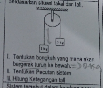 Berdasarkan situasi takal dan tall, 
1. Tentukan bongkah yang mana akan 
bergerak lurun ke bawah. 
II. Tenlukan Pecutan sistem 
Iii. Hilung Kelegangan tall 
Sistem tersebul dalag