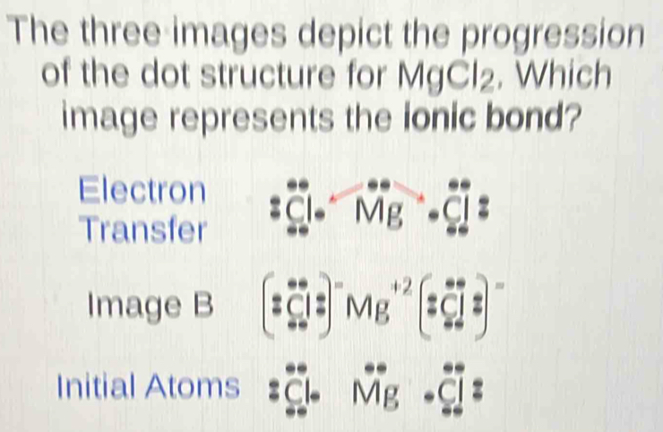 The three images depict the progression
of the dot structure for MgCl2. Which
image represents the ionic bond?
Electron
Transfer
Mg
Image B []"Mge" (tā 
Initial Atoms M _ 