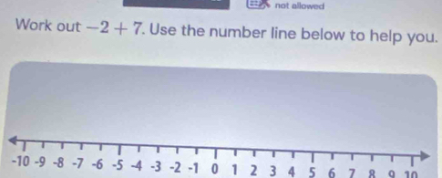 not allowed 
Work out -2+7. Use the number line below to help you.
-1 0 1 2 3 4 5 6 7 R q 10