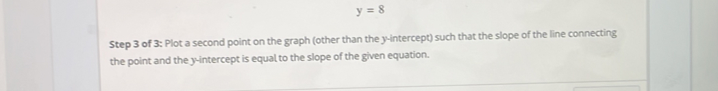 y=8
Step 3 of 3: Plot a second point on the graph (other than the y-intercept) such that the slope of the line connecting 
the point and the y-intercept is equal to the slope of the given equation.