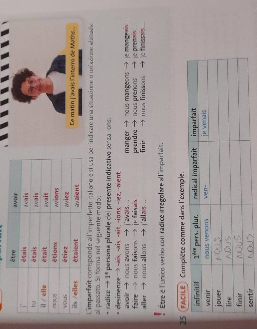 Ce matin j'avais l'interro de Maths...
Limparfait corrisponde all'imperfetto italiano e si usa per indicare una situazione o un'azione abituale
al passato. Si forma nel seguente modo:
radice → 1^a persona plurale del presente indicativo senza -ons;
desinenze → -ais, -ais, -ait, -ions, -iez, -aient.
avoir → nous avons j’avais... manger nous mangeons → je mangeais.
faire → nous faisons je faisais... prendre nous prenons je prenais..
aller → nous allons j'allais.. . finir nous finissons je finissais...
Être è l'unico verbo con radice irregolare all'imparfait.
25 FACILE Complète comme dans l'exemple.