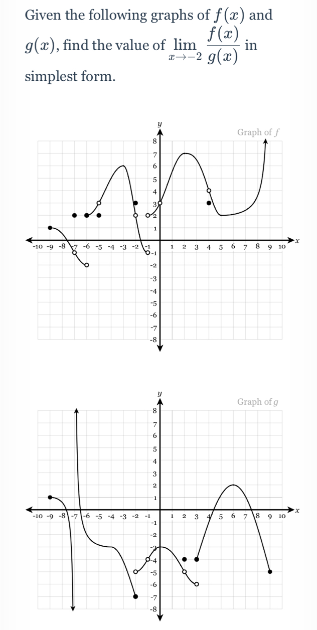 Given the following graphs of f(x) and
g(x) , find the value of limlimits _xto -2 f(x)/g(x)  in 
simplest form.