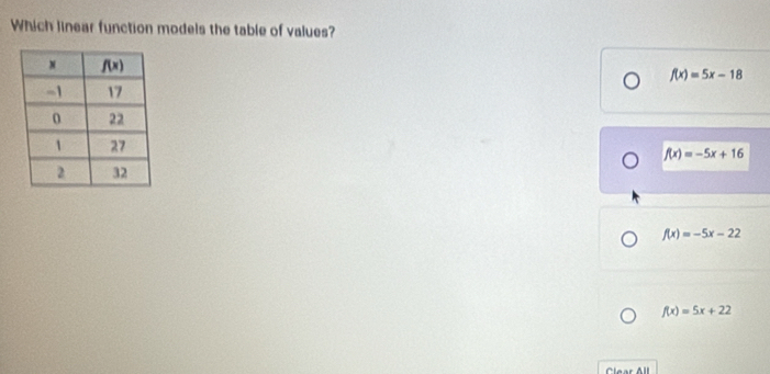 Which linear function models the table of values?
f(x)=5x-18
f(x)=-5x+16
f(x)=-5x-22
f(x)=5x+22