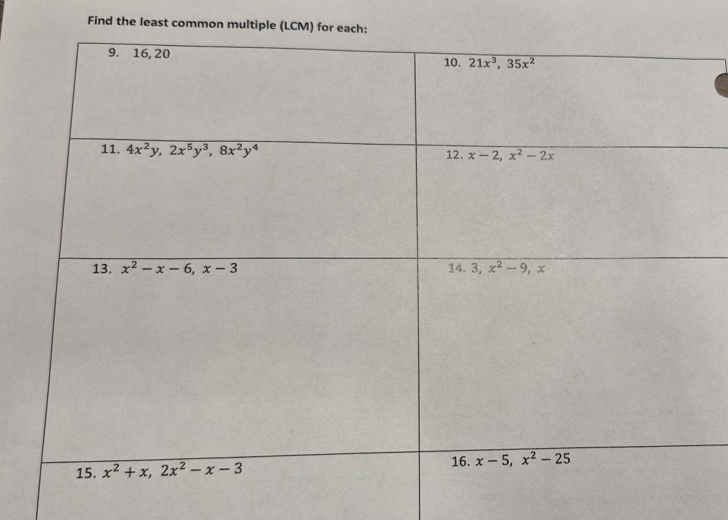 Find the least common multiple (LCM) for ea