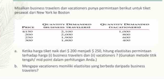 Misalkan business travelers dan vacationers punya permintaan berikut untuk tiket
pesawat dari New York ke Boston
a. Ketika harga tiket naik dari $ 200 menjadi $ 250, hitung elastisitas permintaan
terhadap harga (i) business travelers dan (ii) vacationers ? (Gunakan metode titik
tengah/ mid point dalam perhitungan Anda.)
b. Mengapa vacationers memiliki elastisitas yang berbeda daripada business
travelers?