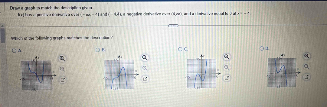 Draw a graph to match the description given.
f(x) has a positive derivative over (-∈fty ,-4) and (-4,4) , a negative derivative over (4,∈fty ) , and a derivative equal to 0 at x=-4.
Which of the following graphs matches the description?
A.
B.
C.
D.
-15 15  
-15