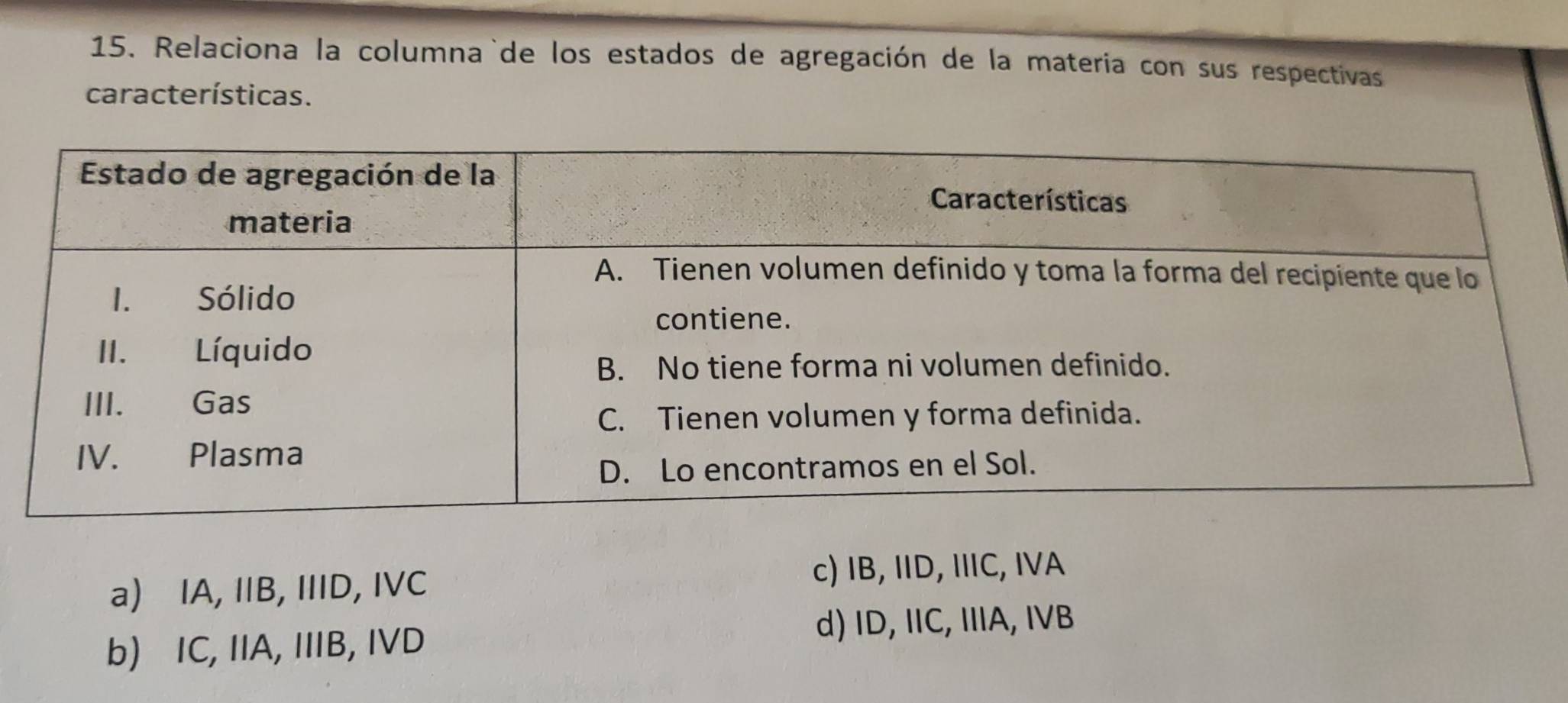 Relaciona la columna`de los estados de agregación de la materia con sus respectivas
características.
a) IA, IIB, IIID, IVC
c) IB, IID, IIIC, IVA
b) IC, IIA, IIIB, IVD d) ID, IIC, IIIA, IVB