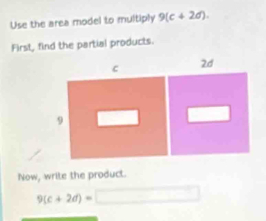 Use the area model to multiply 9(c+2d). 
First, find the partial products. 
Now, write the product.
3 (c+2d)=