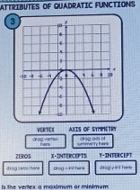 ATTRIBUTES OF QUADRATIC FUNCTIONS
3
VERTEX AXIS OF STTPETR 
cág àn oì 
hers 
ZEROS X-INTERCEPTS Y-INTERCEPT 
diag zaros maw drog ckv her s a An t h 
Is the verlex a maximum or minimum