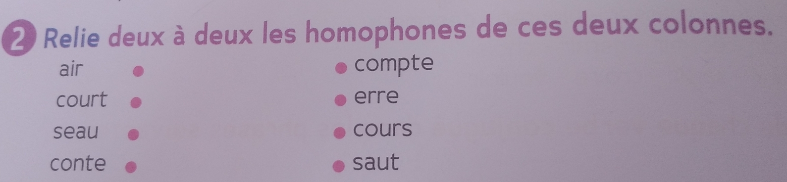 Relie deux à deux les homophones de ces deux colonnes. 
air compte 
court erre 
seau cours 
conte saut