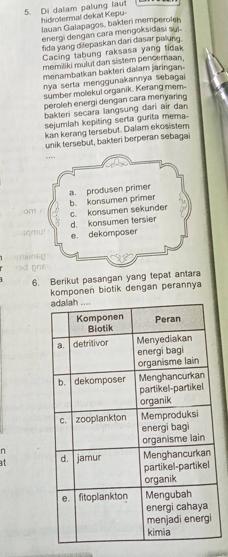 Di dalam palung laut
hidrotermal dekat Kepu-
lauan Galapagos, bakteri memperoleh
energi dengan cara mengoksidasi sul-
fida yang dilepaskan dari dasar palung.
Cacing tabung raksasa yang tidak
memiliki mulut dan sistem pencernaan.
menambatkan bakteri dalam jaringan-
nya serta menggunakannya sebagai
sumber molekul organik. Kerang mem-
peroleh energi dengan cara menyaring
bakteri secara langsung dari air dan
sejumlah kepiting serta gurita mema-
kan kerang tersebut. Dalam ekosistem
unik tersebut, bakteri berperan sebagai
….
a. produsen primer
b. konsumen primer
om1
c. konsumen sekunder
d. konsumen tersier
e. dekomposer

6. Berikut pasangan yang tepat antara
komponen biotik dengan perannya
n
t