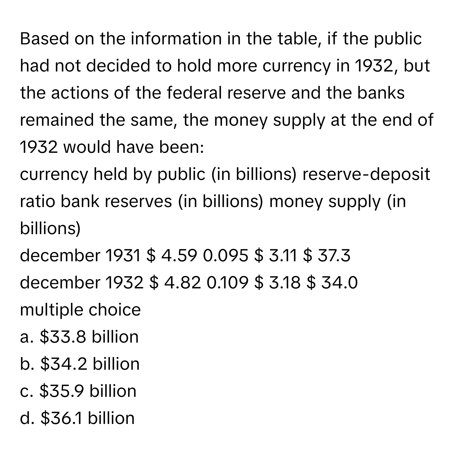 Based on the information in the table, if the public had not decided to hold more currency in 1932, but the actions of the federal reserve and the banks remained the same, the money supply at the end of 1932 would have been:

currency held by public (in billions)	reserve-deposit ratio	bank reserves (in billions)	money supply (in billions)
december 1931	$ 4.59	0.095	$ 3.11	$ 37.3
december 1932	$ 4.82	0.109	$ 3.18	$ 34.0

multiple choice
a. $33.8 billion
b. $34.2 billion
c. $35.9 billion
d. $36.1 billion